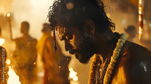 Captivating Thaipusam Festival Devotees in Intricate Kavadi Structures and Piercings Captured in Cinematic Chiaroscuro Lighting
