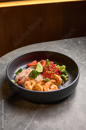 Obraz na płótnie Delicious shrimp with fresh lime, vibrant vegetables, rice noodles served in a stylish black bowl on grey stone table, Asian cuisine concept w salonie