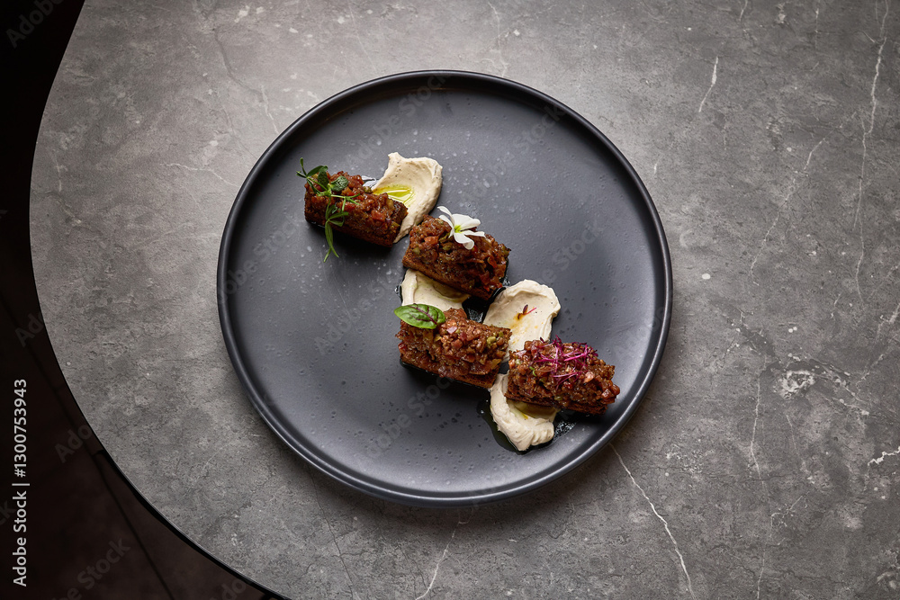 Exquisite presentation of gourmet beef tartare topped with herbs and flowers on smoked mayonnaise, food styling concept