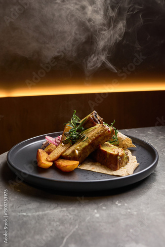 Gourmet cooked lamb ribs with herb garnish on black plate, smoky roasted potato wedges, elegant dining experience concept