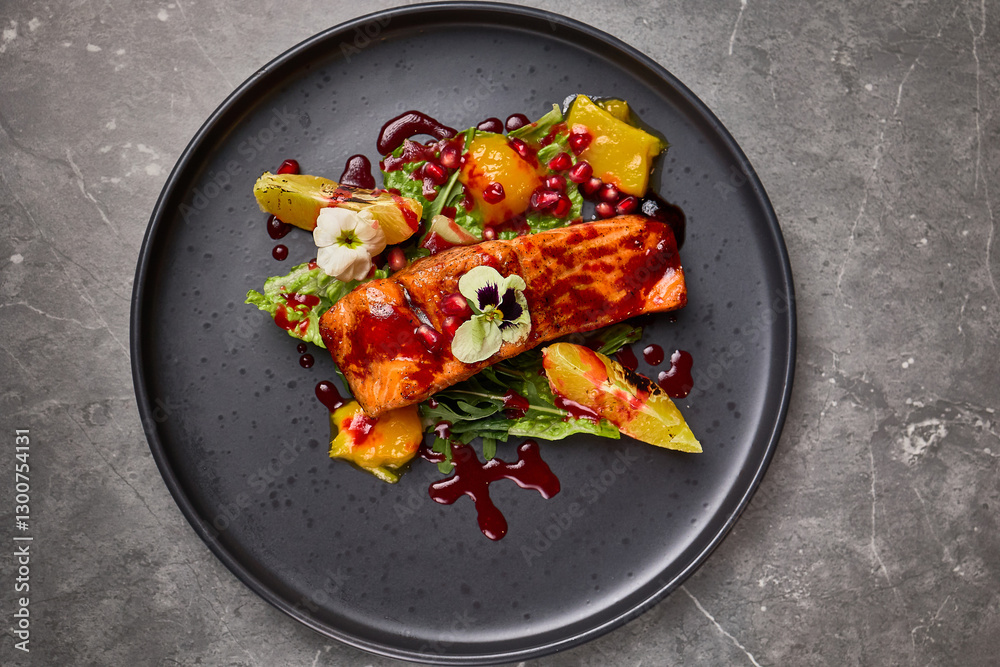 Grilled salmon fillet with vibrant pomegranate sauce, served with fresh greens, citrus garnish, and edible flowers, gourmet dining concept