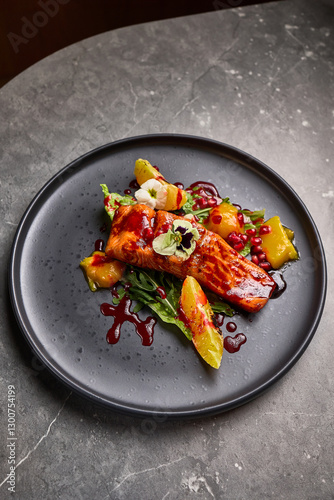 Obraz na płótnie Gourmet Grilled Salmon with Citrus and Pomegranate Garnish on Dark Plate, Elegant Food Presentation Concept w salonie