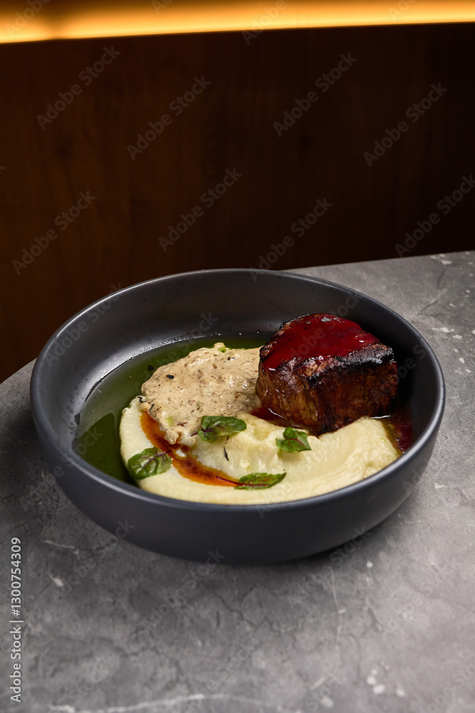 Gourmet dish, beef steak with creamy mashed potatoes, gourmet sauce, garnished herbs, elegant presentation, culinary delight concept