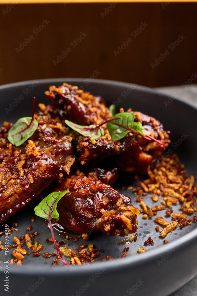 Spicy, crispy oven-baked chicken wings, garnished with fresh herbs and crunchy coating, served in dark bowl, juicy meat concept