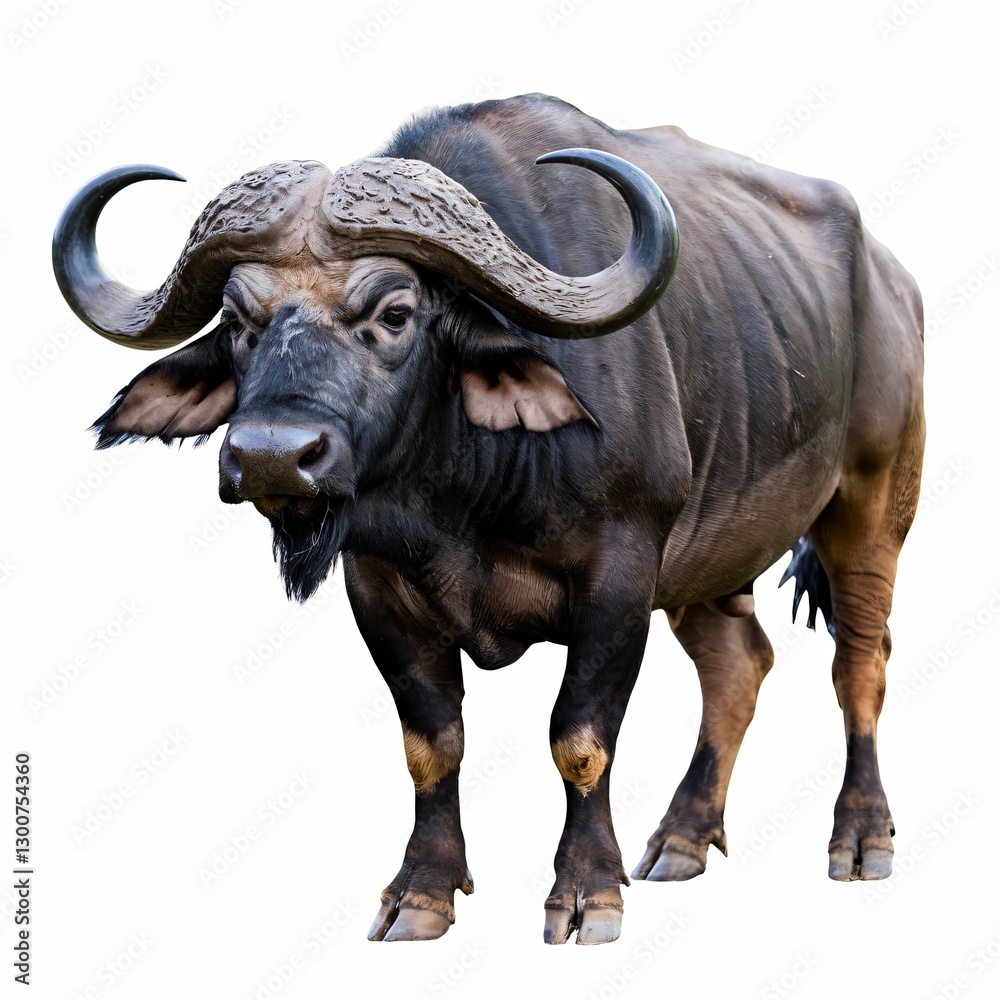 Naklejka premium Robust African Buffalo with Curved Horns Isolated on White Background.