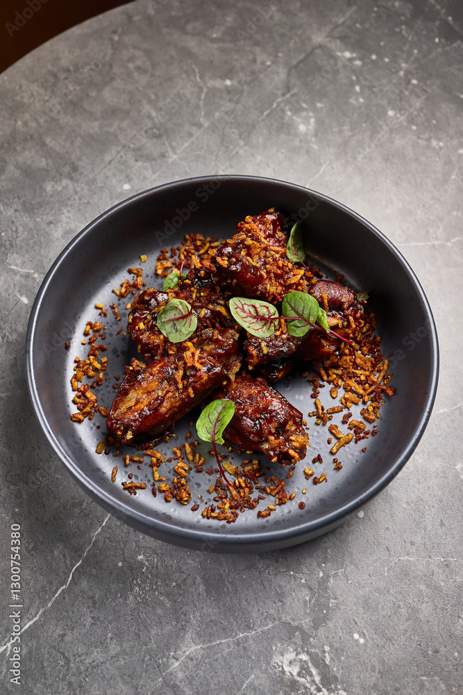 Deliciously Glazed Pork Ribs in Soy Marinade with Fried Rice Toppings Serve in Dark Bowl, Culinary Delight, Savory Meal, Elegant Dining Experience Concept