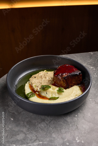 Obraz na płótnie Gourmet dish, beef steak with creamy mashed potatoes, gourmet sauce, garnished herbs, elegant presentation, culinary delight concept w salonie