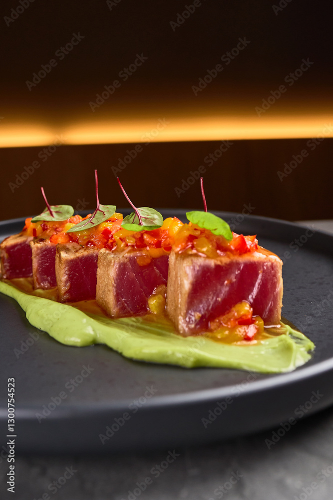 Seared tuna slices with avocado puree and microgreens on black plate gourmet dining presentation concept