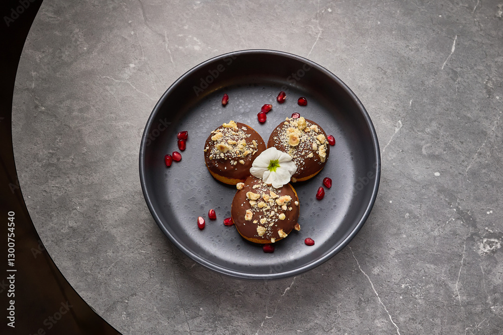 Chocolate-covered donuts garnished with nuts and pomegranate seeds on dark plate, floral decoration, dessert presentation concept