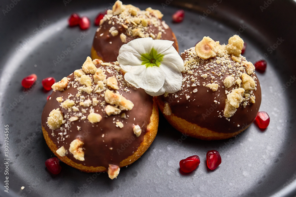 Delicious chocolate covered donuts with crushed nuts and delicate flower topping, surrounded by vibrant pomegranate seeds, dessert concept