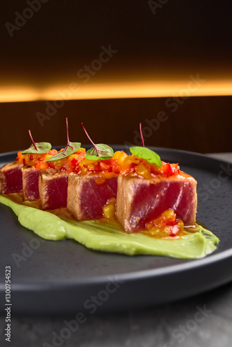 Obraz na płótnie Seared tuna slices with avocado puree and microgreens on black plate gourmet dining presentation concept w salonie
