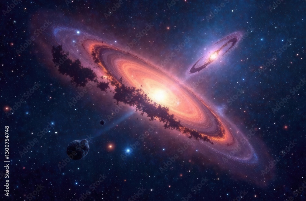Fototapeta premium Stunning cosmic phenomenon featuring bright galaxy with surrounding planets and stars in vibrant space