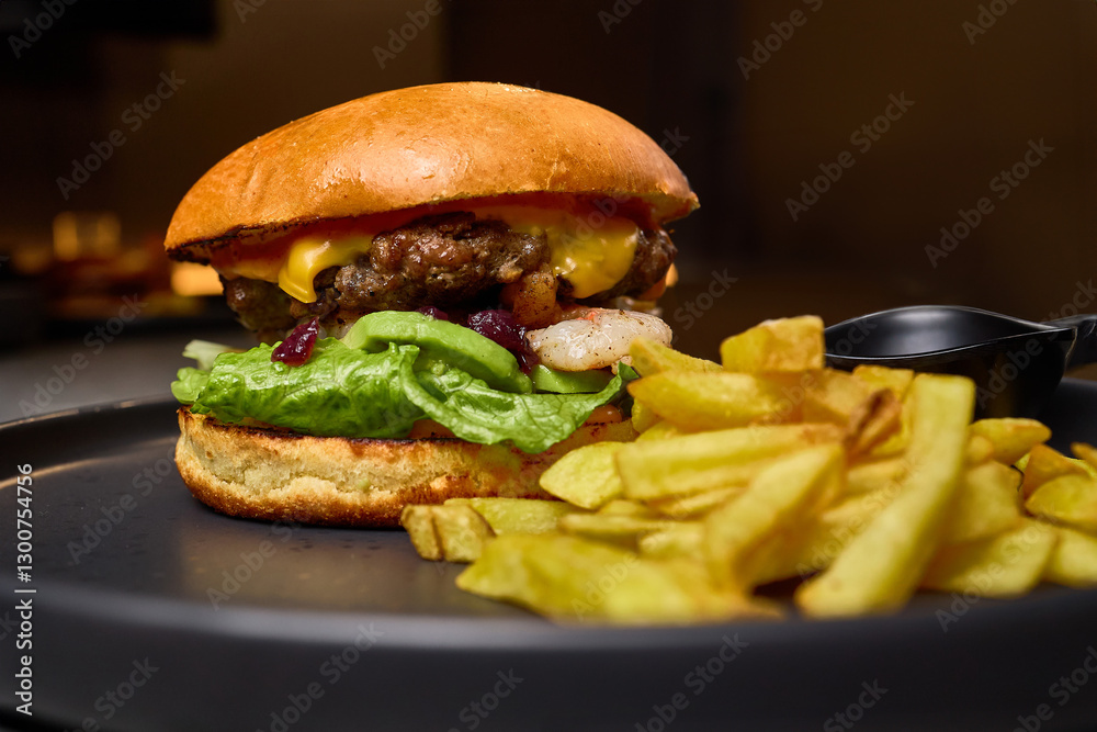 Juicy beef burger with melted cheese, fresh lettuce and crispy fries on a plate ready to eat delicious food concept