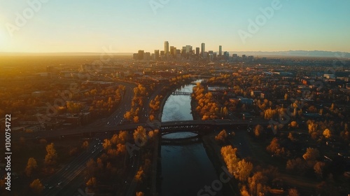 Denver Skyline Sunrise Aerial View photo