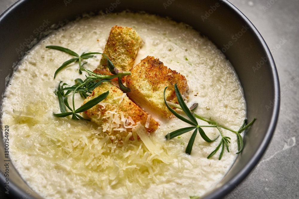 Creamy cauliflower soup in bowl with croutons and herbs topped with grated cheese and rosemary garnish for gourmet dining concept