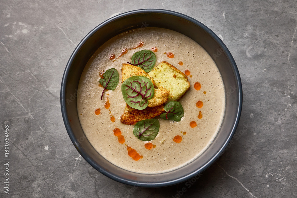 Creamy mushroom soup with croutons, garnished with fresh herbs, served in a dark bowl on gray table, gourmet cuisine presentation concept