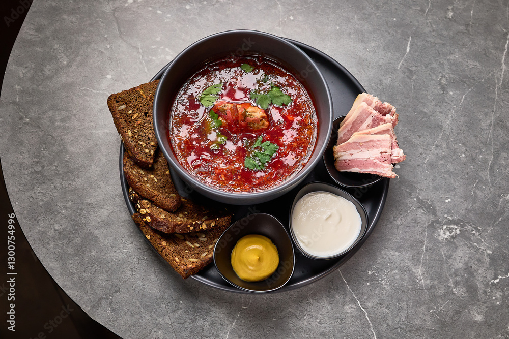 Traditional borscht with sour cream and rye bread on gray table, garnished with parsley and bacon slices, hearty meal concept