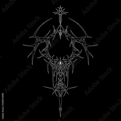 Neo tribal cyber sigilism with sharp, intricate spikes, cyber gothic, and occult aesthetic. Perfect for streetwear and tattoo design