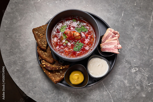 Obraz na płótnie Traditional borscht with sour cream and rye bread on gray table, garnished with parsley and bacon slices, hearty meal concept w salonie
