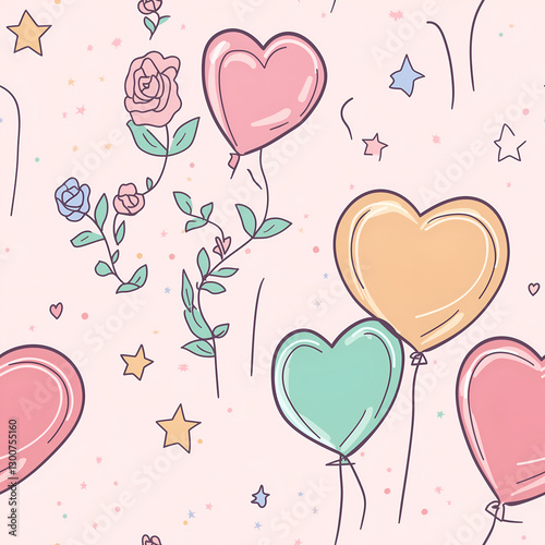 seamless, infinite pattern, tile heart balloon and rose wedding decoration
