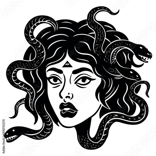 a girl s face with many poisonous snake hissing in place  of hair Girl Snake Vector