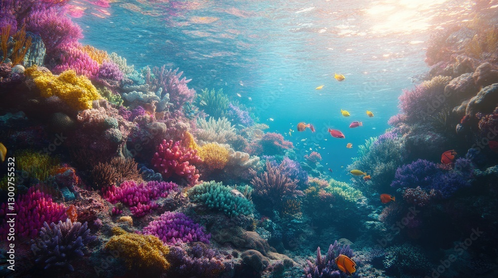 Fototapeta premium A vibrant coral reef ecosystem underwater, with colorful fish, intricate coral formations, and warm sunlight breaking through the surface