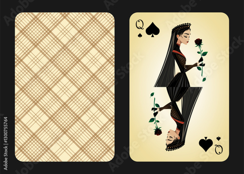 Original design of playing card queen of spades, front and back. Queen of Spades in cartoon vintage style. Vector illustration