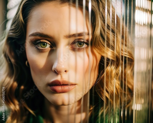 Abstract woman portrait with glass texture. Glitched and corrupted female face. Beautiful girl. Model hidden behind mirror pattern. Colored Reeded Glass. Ribbed Background.
