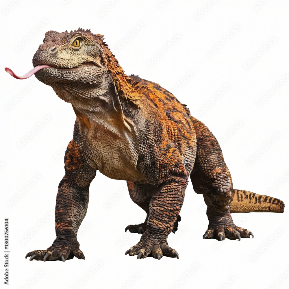 Obraz premium Realistic Dinosaur-Like Creature with Scaly Skin and Sharp Teeth Isolated on White Background.