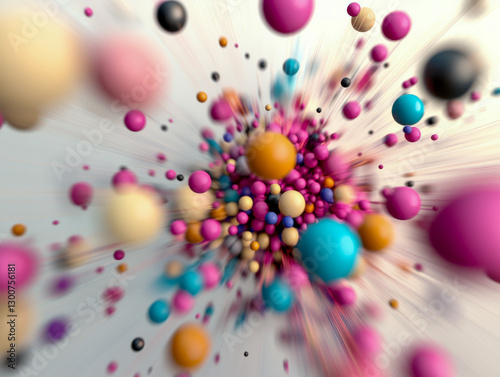Colorful spheres exploding in motion blur on white background