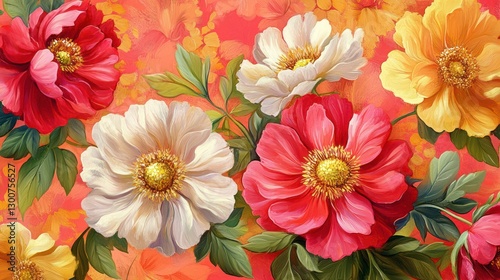 Vibrant floral bouquet of red, white, and yellow flowers on an orange background.
