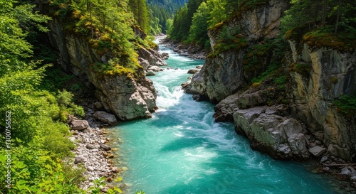 Turquoise river flowing between rocky cliffs in a forest. Generative AI