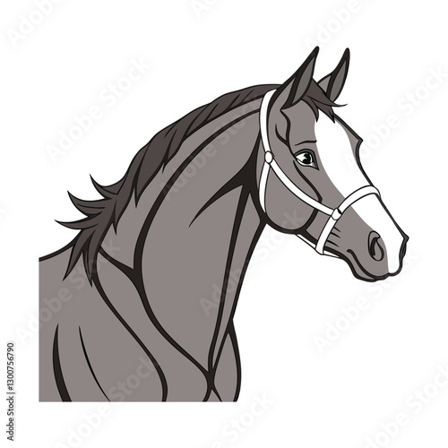 Grayscale Illustration of a Calm Horse with Braided Mane and White Bridle – Elegant and Detailed Equine Portrait