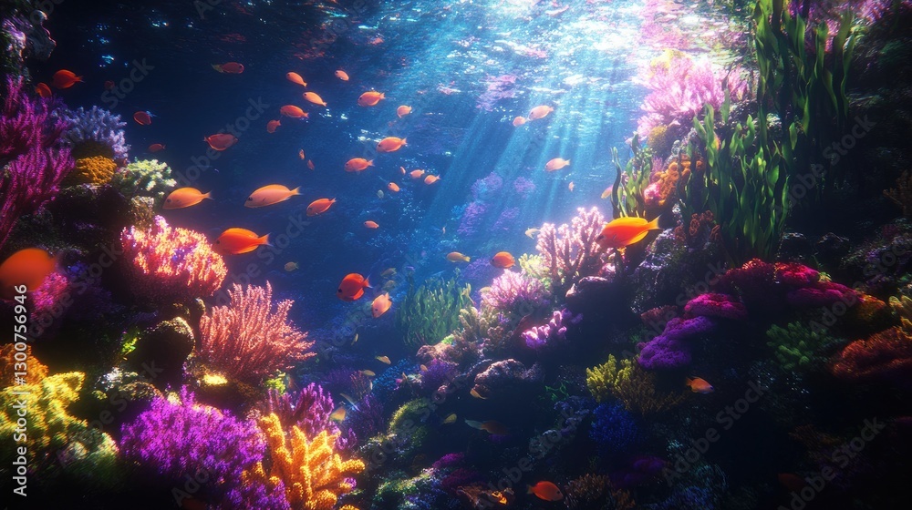 A vibrant underwater coral reef with schools of fish swimming among colorful coral, illuminated by sunlight streaming through the surface A vibrant underwater coral reef with schools of fish swimming among colorful coral, illuminated by sunlight streaming through the surface