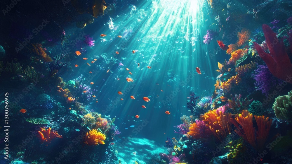 Obraz premium A vibrant underwater coral reef with schools of fish swimming among colorful coral, illuminated by sunlight streaming through the surface