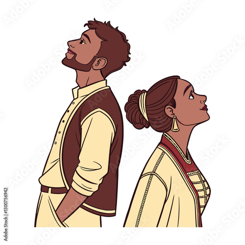 Two People Standing Back-to-Back – Minimalist Illustration of Casual Outfits and Neutral Expressions