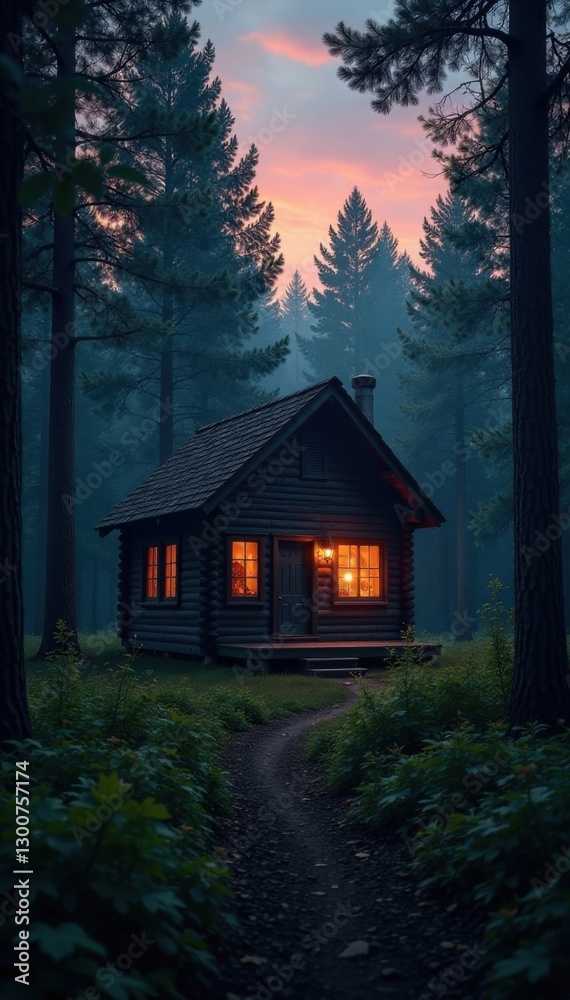 Dark wooden cabin amidst dense forest at dusk, dusk, wood Dark wooden cabin amidst dense forest at dusk, dusk, wood