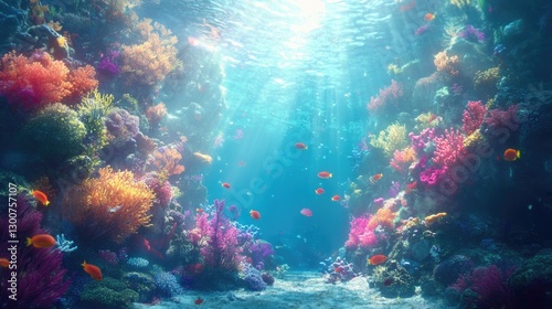 A vibrant underwater coral reef with schools of fish swimming among colorful coral, illuminated by sunlight streaming through the surface