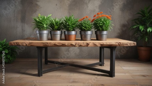 Rough-hewn wooden table top with metal base  adorned with potted plants   natural beauty    rustic design   natural wood