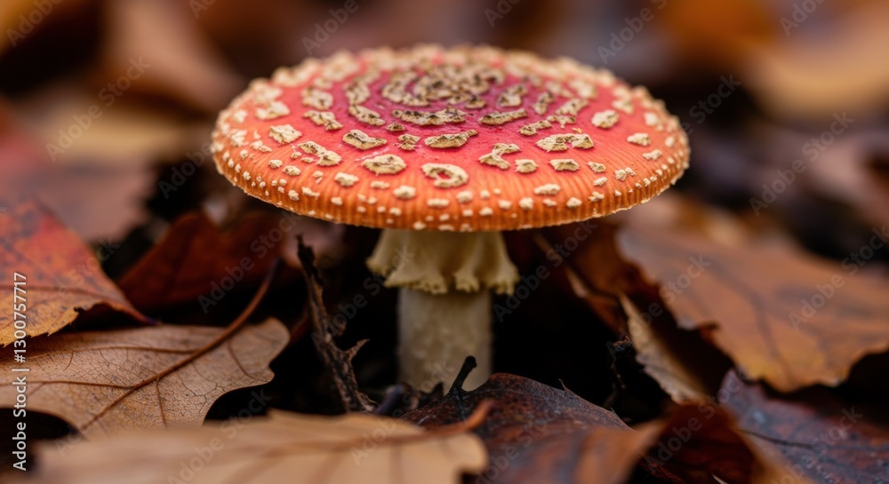 Obraz premium Bright red mushroom surrounded by colorful autumn leaves. Generative AI