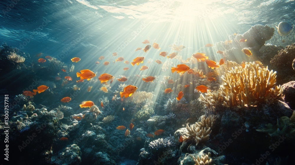 An underwater wonderland featuring a vibrant coral reef filled with colorful fish and sunlight beams creating a serene glowing effect An underwater wonderland featuring a vibrant coral reef filled with colorful fish and sunlight beams creating a serene glowing effect