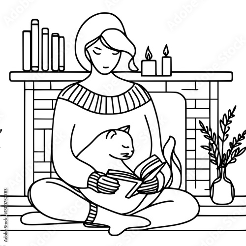 A woman sits by the fireplace with a book and a cat on her lap, creating a cozy atmosphere for reading on a winter evening, single line vector outline simple drawing