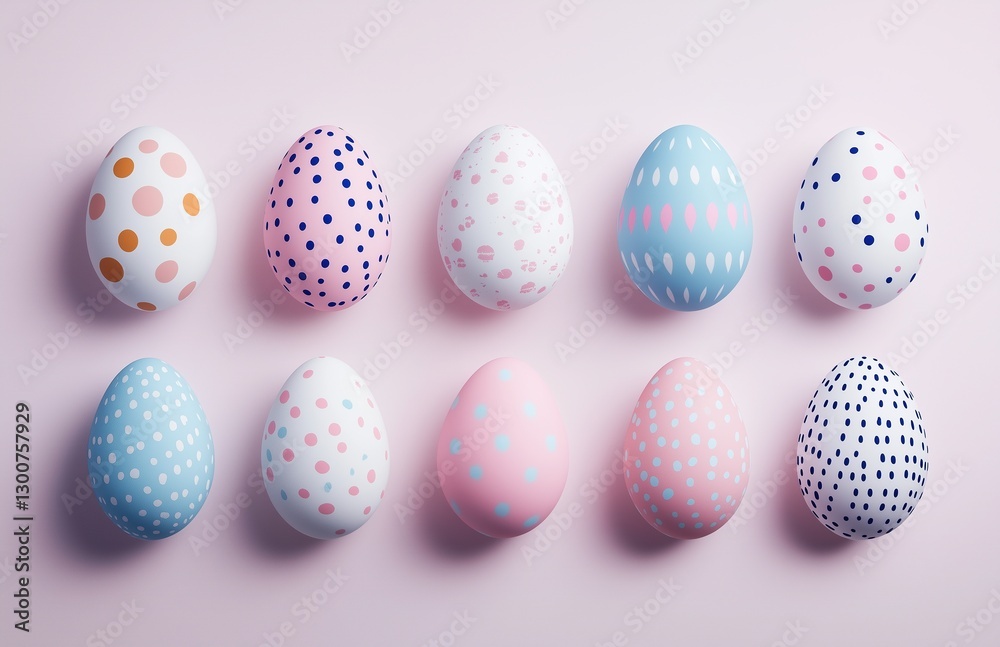 Pastel-Colored Easter Eggs with Polka Dots Arranged in a Pattern on a Soft Pink Background, Ideal for Easter Cards and Designs with Gentle Shadows Highlighting Texture Details Pastel-Colored Easter Eggs with Polka Dots Arranged in a Pattern on a Soft Pink Background, Ideal for Easter Cards and Designs with Gentle Shadows Highlighting Texture Details