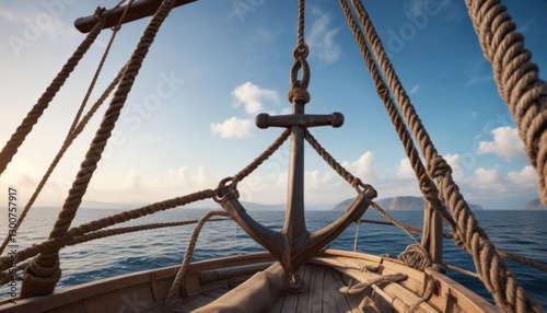 Sailor's anchor hanging from a wooden boat mast,  wooden,  ocean,  nautical