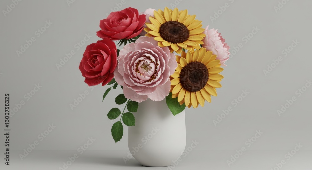 Fototapeta premium Beautiful floral arrangement with roses and sunflowers. Generative AI
