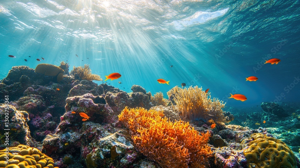 Fototapeta premium A colorful coral reef scene filled with glowing sunlight, vibrant marine life, and intricate coral formations in crystal-clear water