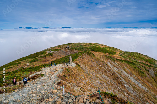 Obraz na płótnie Hiking Route to Happo Pond and the Japanese Alps mountains landscape with mist background on Hakuba Happo One in Hakuba, Nagano, Japan w salonie