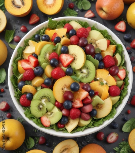 Fresh fruit salad with vibrant fruits and greens,  salad,  vibrant,  fresh