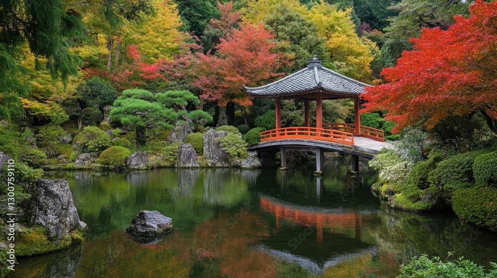 Serene Autumnal Japanese Garden with Pavilion and Bridge Serene Autumnal Japanese Garden with Pavilion and Bridge