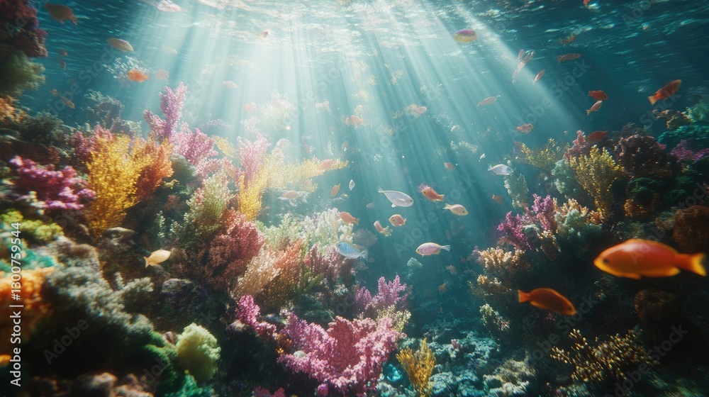 Fototapeta premium A dynamic underwater shot of a coral reef alive with colorful marine life, with sunlight beams adding a magical glow to the scene